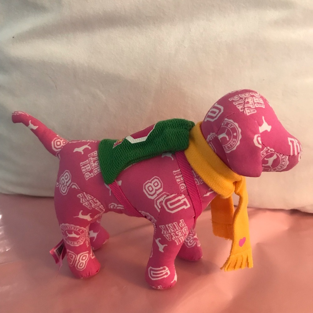 PINK Victoria's Secret Pink Stuffed Dog with Green and Yellow Scarf